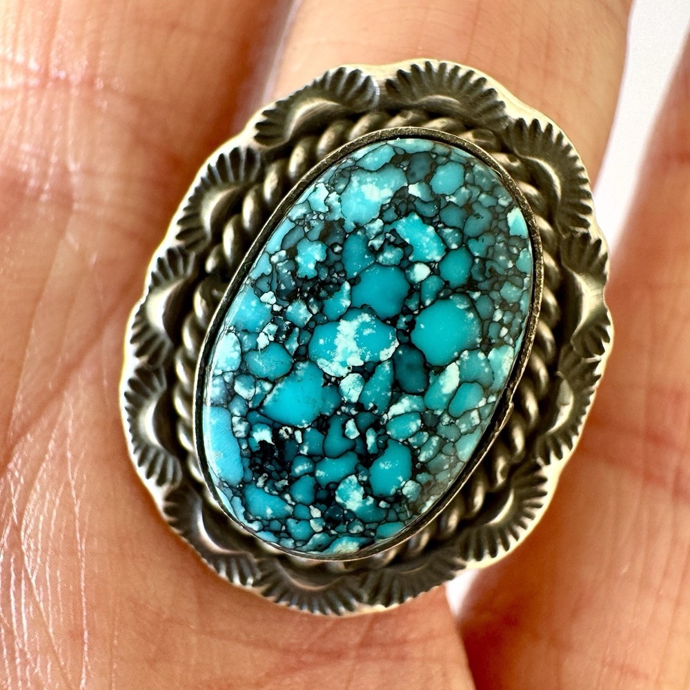 Navajo Spiderweb Turquoise Ring Sz 8 Sterling Sun Stamp Native American